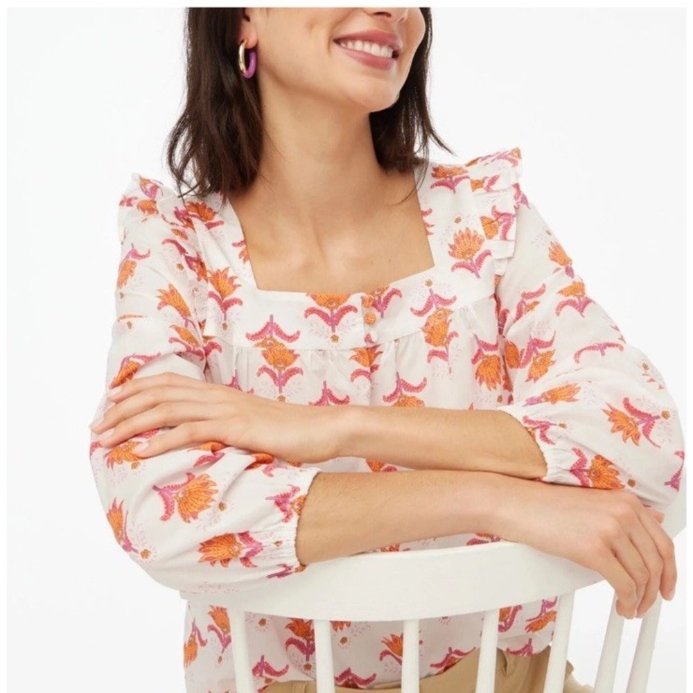 J. Crew Cotton Square Neck Ruffle‎ Peasant Blouse Top Women's Size M Floral Boho